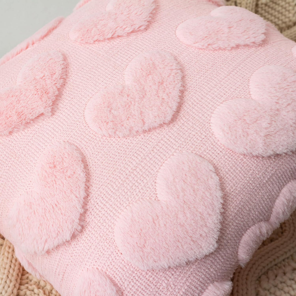 Valentines Day Pillow Covers 18x18 Inch Set of 2 Cute Heart Pattern Plush Jacquard Romantic Love Decorative Throw Pillow Pillowcases for Lover Girls Wedding Sofa Living Room Bed, Light Pink