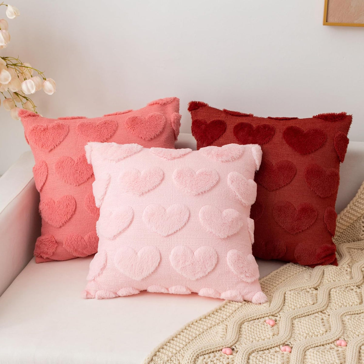Valentines Day Pillow Covers 18x18 Inch Set of 2 Cute Heart Pattern Plush Jacquard Romantic Love Decorative Throw Pillow Pillowcases for Lover Girls Wedding Sofa Living Room Bed, Light Pink