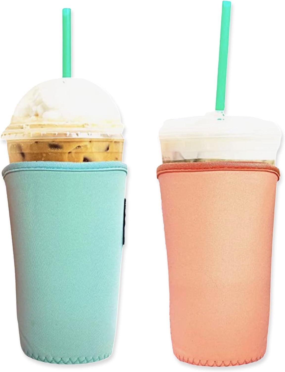 Reusable Neoprene Insulator Sleeves for Large Sized Iced Coffee and Cold Drink Cups, Compatible with Starbucks, Dunkin, Tumblers, Soda Cups (2 PK Large 32oz, Mint & Peach Smooth)