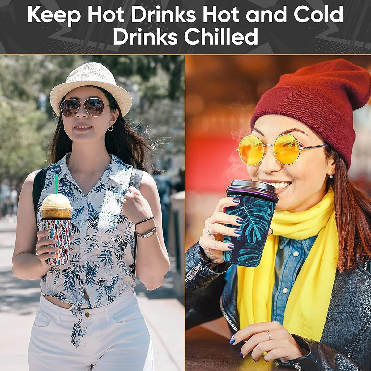 Reusable Neoprene Insulator Sleeves for Large Sized Iced Coffee and Cold Drink Cups, Compatible with Starbucks, Dunkin, Tumblers, Soda Cups (2 PK Large 32oz, Mint & Peach Smooth)