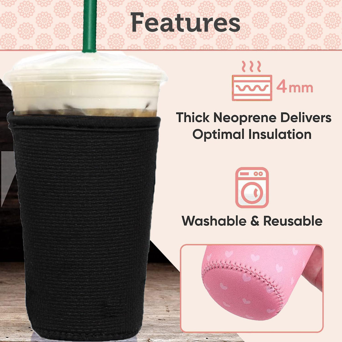 Reusable Neoprene Insulator Sleeves for Large Sized Iced Coffee and Cold Drink Cups, Compatible with Starbucks, Dunkin, Tumblers, Soda Cups (2 PK Large 32oz, Mint & Peach Smooth)