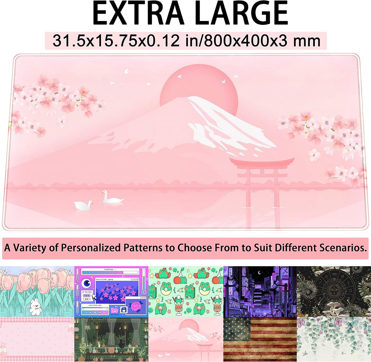 Cherry Blossom Mouse Pad Kawaii Pink Floral Desk Mat, Japanese Pastel Sakura Large Anime Gaming Mousepad XXL, Cute Aesthetic Mount Fuji Japan Keyboard Mats for Women Office Desk Pads 31.5"x15.75"