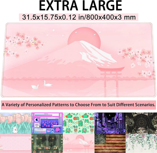 Cherry Blossom Mouse Pad Kawaii Pink Floral Desk Mat, Japanese Pastel Sakura Large Anime Gaming Mousepad XXL, Cute Aesthetic Mount Fuji Japan Keyboard Mats for Women Office Desk Pads 31.5"x15.75"