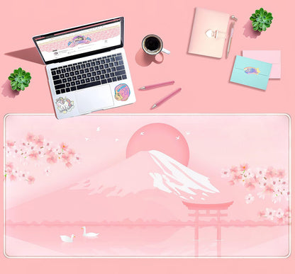 Cherry Blossom Mouse Pad Kawaii Pink Floral Desk Mat, Japanese Pastel Sakura Large Anime Gaming Mousepad XXL, Cute Aesthetic Mount Fuji Japan Keyboard Mats for Women Office Desk Pads 31.5"x15.75"