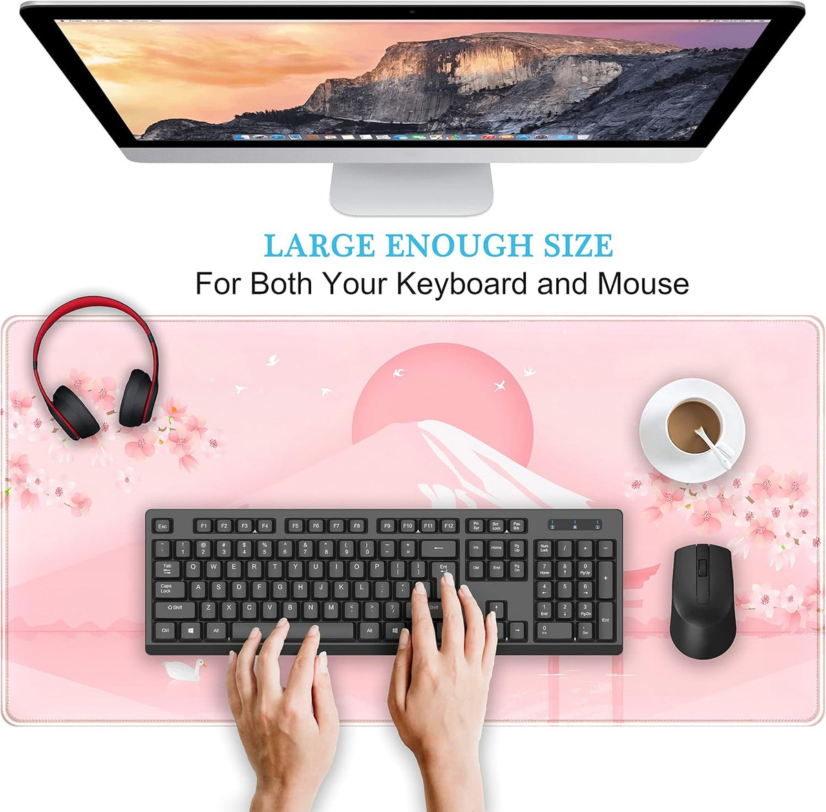 Cherry Blossom Mouse Pad Kawaii Pink Floral Desk Mat, Japanese Pastel Sakura Large Anime Gaming Mousepad XXL, Cute Aesthetic Mount Fuji Japan Keyboard Mats for Women Office Desk Pads 31.5"x15.75"