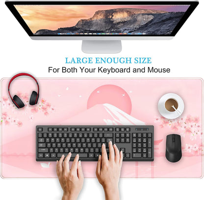 Cherry Blossom Mouse Pad Kawaii Pink Floral Desk Mat, Japanese Pastel Sakura Large Anime Gaming Mousepad XXL, Cute Aesthetic Mount Fuji Japan Keyboard Mats for Women Office Desk Pads 31.5"x15.75"