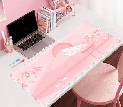 Cherry Blossom Mouse Pad Kawaii Pink Floral Desk Mat, Japanese Pastel Sakura Large Anime Gaming Mousepad XXL, Cute Aesthetic Mount Fuji Japan Keyboard Mats for Women Office Desk Pads 31.5"x15.75"