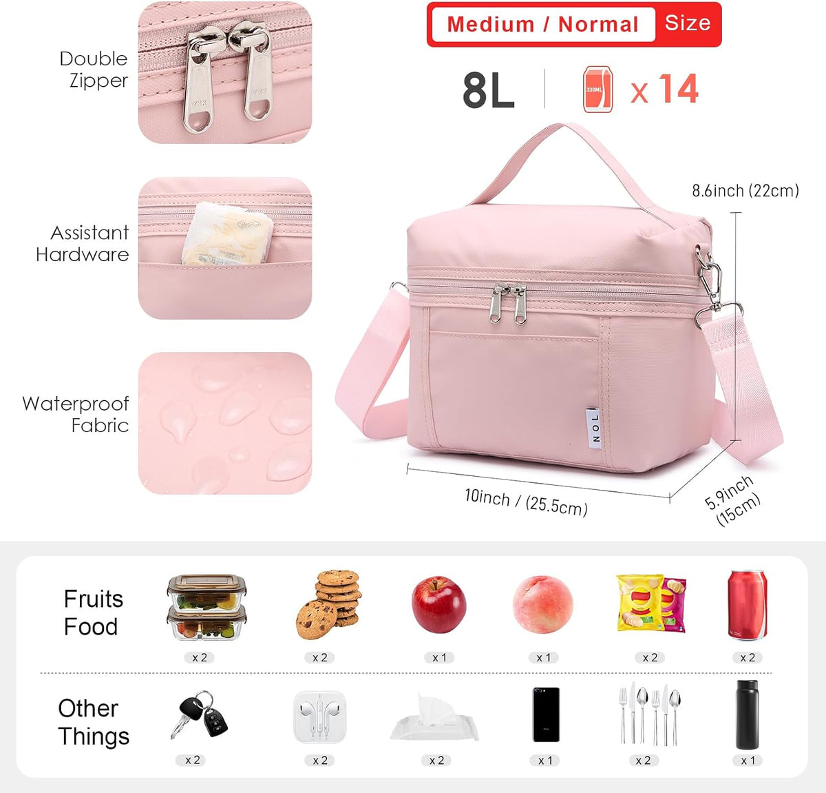 NOL 8L Insulated Lunch Bag for Women, Medium, Pink