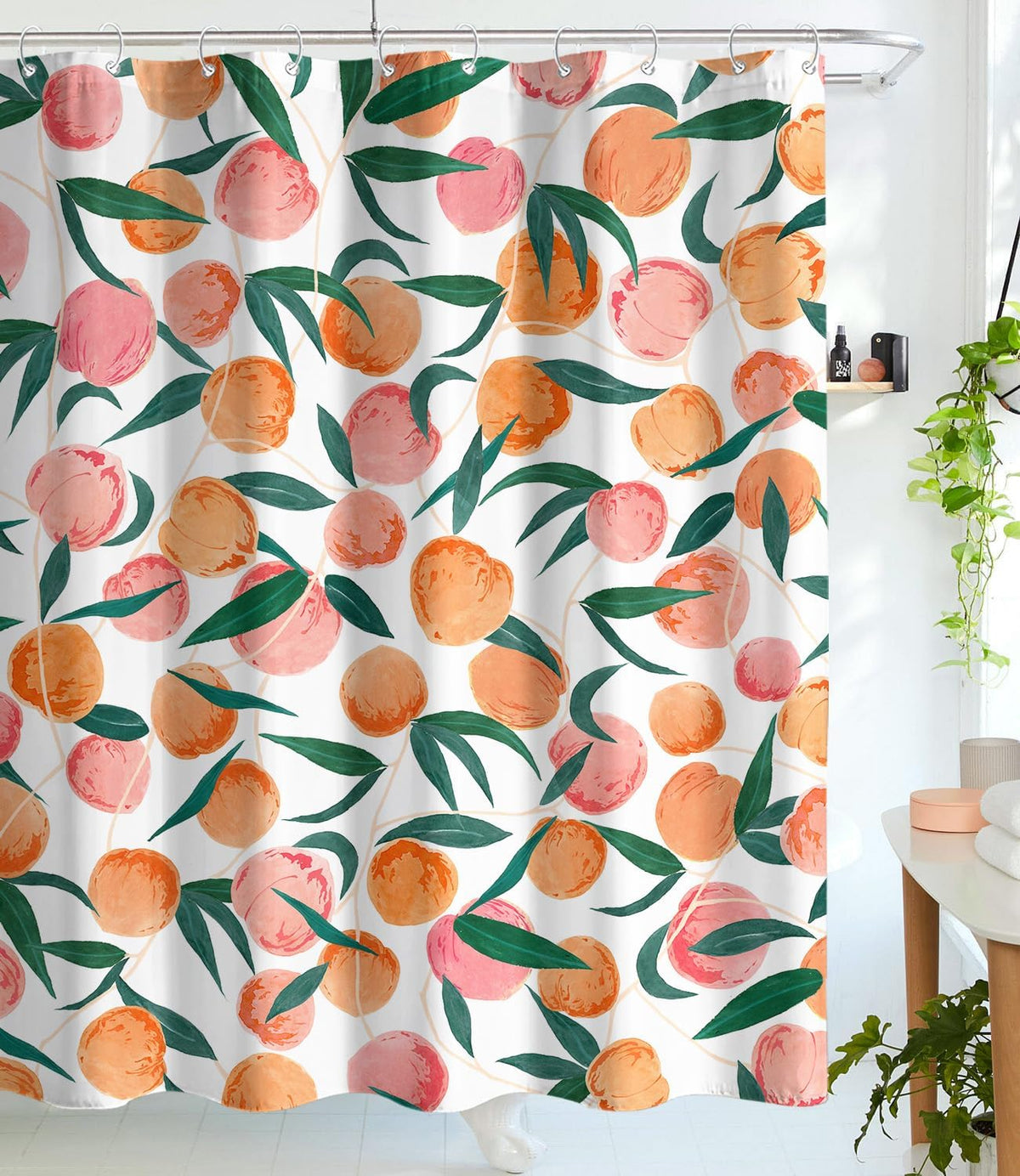 Peach Shower Curtain, Allover Fruits Cute Bright Colorful Design Waterproof Fabric Bathroom Curtains Set with 12 Hooks, Peachy Pink 72×72 inch