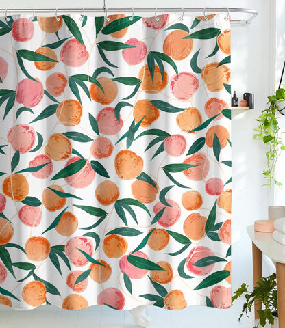 Peach Shower Curtain, Allover Fruits Cute Bright Colorful Design Waterproof Fabric Bathroom Curtains Set with 12 Hooks, Peachy Pink 72×72 inch