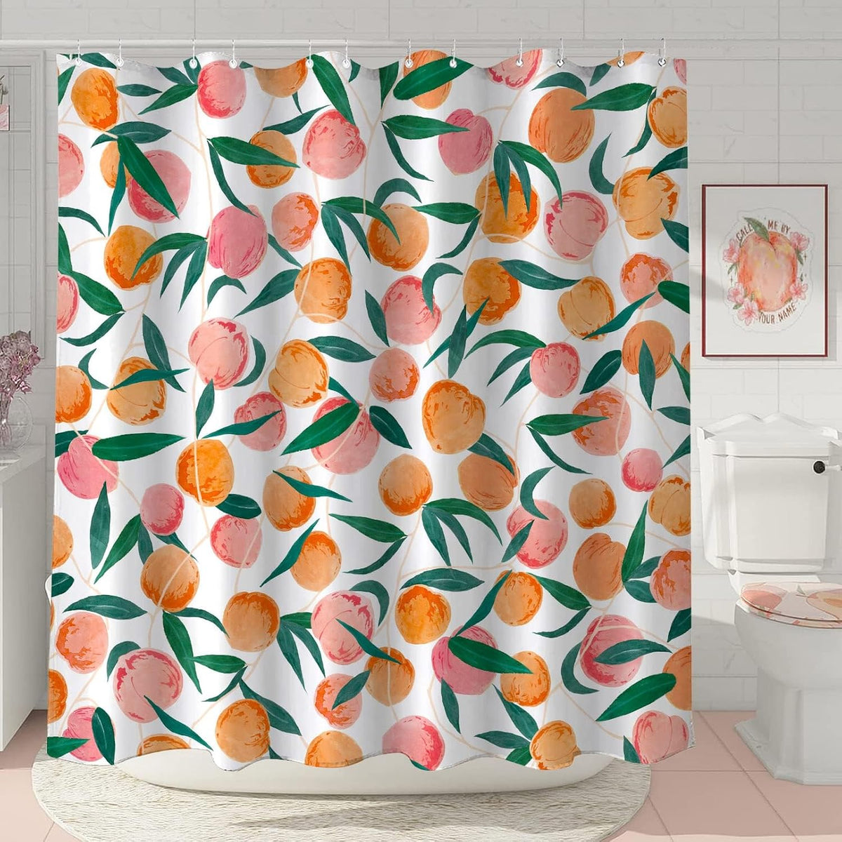 Peach Shower Curtain, Allover Fruits Cute Bright Colorful Design Waterproof Fabric Bathroom Curtains Set with 12 Hooks, Peachy Pink 72×72 inch