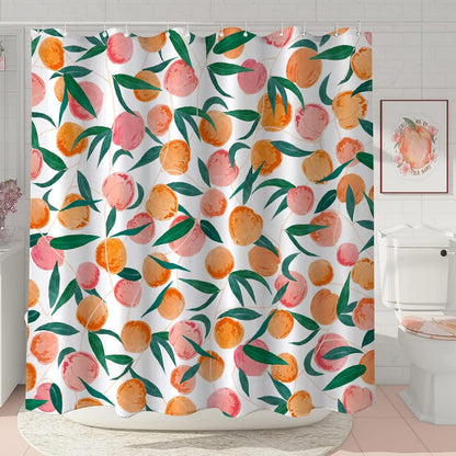 Peach Shower Curtain, Allover Fruits Cute Bright Colorful Design Waterproof Fabric Bathroom Curtains Set with 12 Hooks, Peachy Pink 72×72 inch