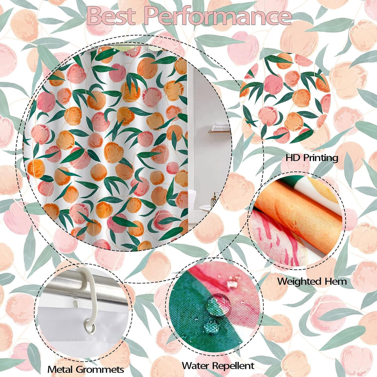 Peach Shower Curtain, Allover Fruits Cute Bright Colorful Design Waterproof Fabric Bathroom Curtains Set with 12 Hooks, Peachy Pink 72×72 inch