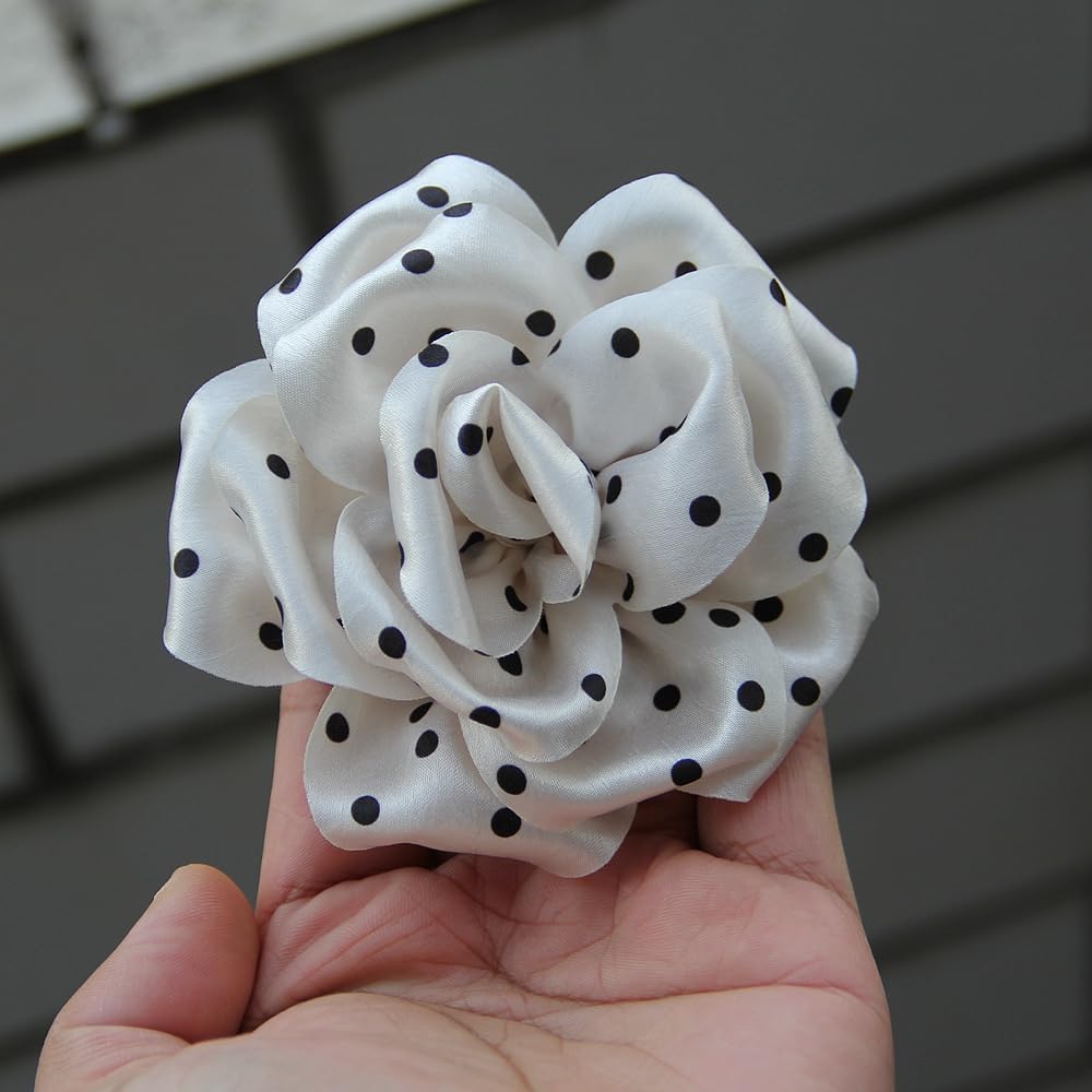 Polka Dot Satin Rose Artificial Flowers for Hair Clips, Shoes, Bags, Brown, Black, Cream, Gray, Peach, 9cm-13cm (10Pcs 9cm Cream)