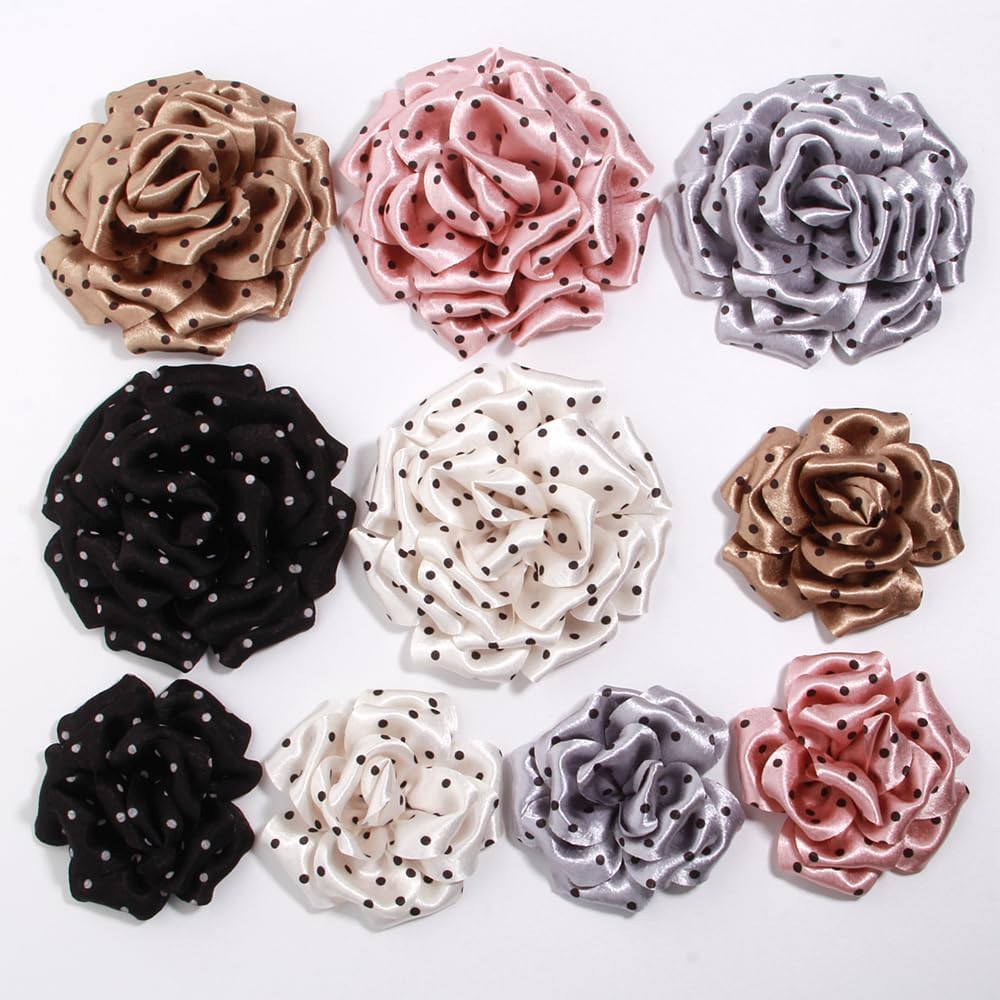 Polka Dot Satin Rose Artificial Flowers for Hair Clips, Shoes, Bags, Brown, Black, Cream, Gray, Peach, 9cm-13cm (10Pcs 9cm Cream)
