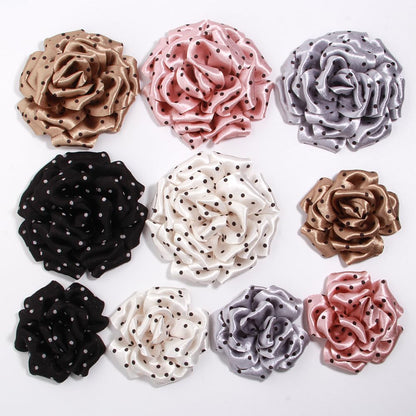 Polka Dot Satin Rose Artificial Flowers for Hair Clips, Shoes, Bags, Brown, Black, Cream, Gray, Peach, 9cm-13cm (10Pcs 9cm Cream)