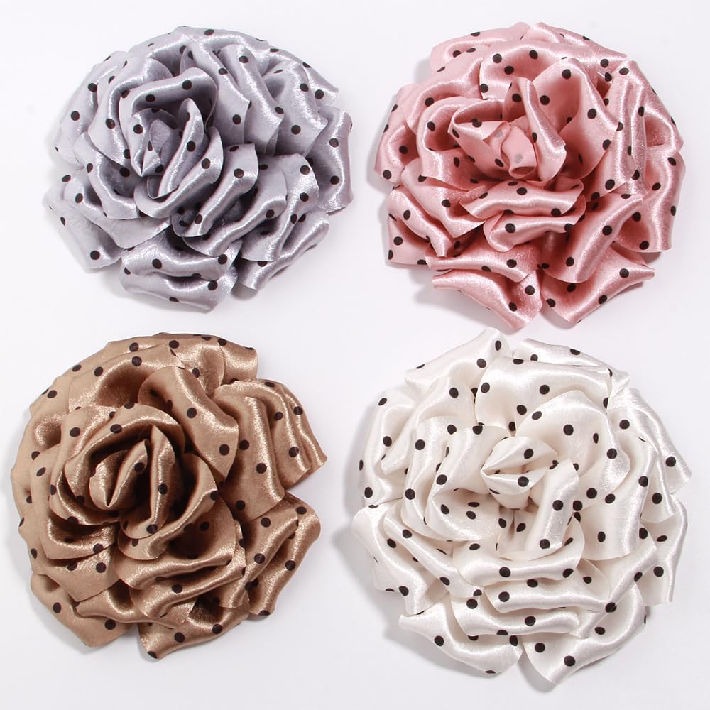 Polka Dot Satin Rose Artificial Flowers for Hair Clips, Shoes, Bags, Brown, Black, Cream, Gray, Peach, 9cm-13cm (10Pcs 9cm Cream)