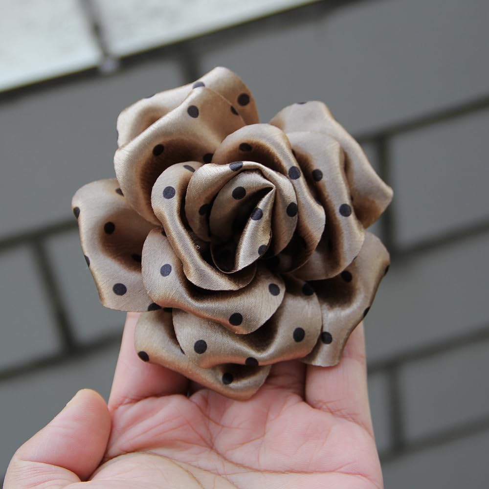 Polka Dot Satin Rose Artificial Flowers for Hair Clips, Shoes, Bags, Brown, Black, Cream, Gray, Peach, 9cm-13cm (10Pcs 9cm Cream)