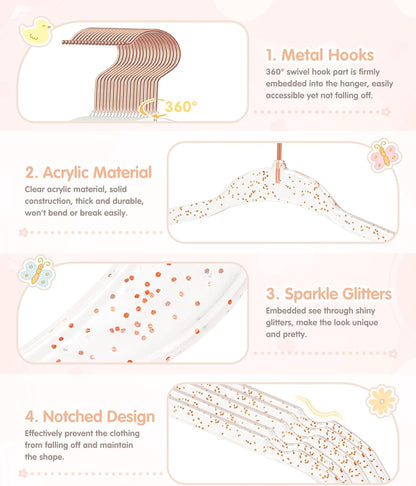 Acrylic Baby Glitter Hangers,11 Inch, Pink, 30 Pcs