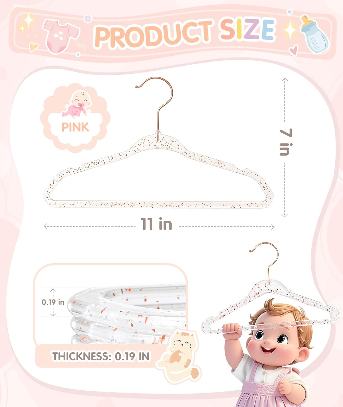 Acrylic Baby Glitter Hangers,11 Inch, Pink, 30 Pcs