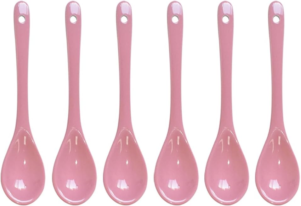 6 pcs Porcelain Egg Spoons Ceramic Spoons 4.7 inch Coffee Dessert Yogurt Tea Milky Tea Pink