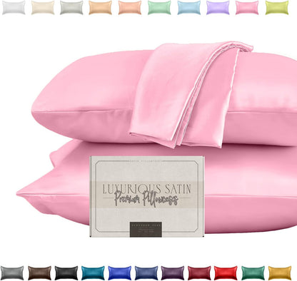 Silky and Luxurious 2-Piece Satin Pillowcase Set for Healthier Skin and Hair, Hidden Zipper Closure and Beautifully Packaged, Satin Pillowcase Set, Standard/Queen, Light Pink