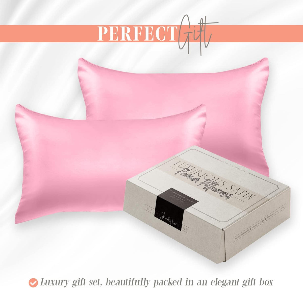 Silky and Luxurious 2-Piece Satin Pillowcase Set for Healthier Skin and Hair, Hidden Zipper Closure and Beautifully Packaged, Satin Pillowcase Set, Standard/Queen, Light Pink