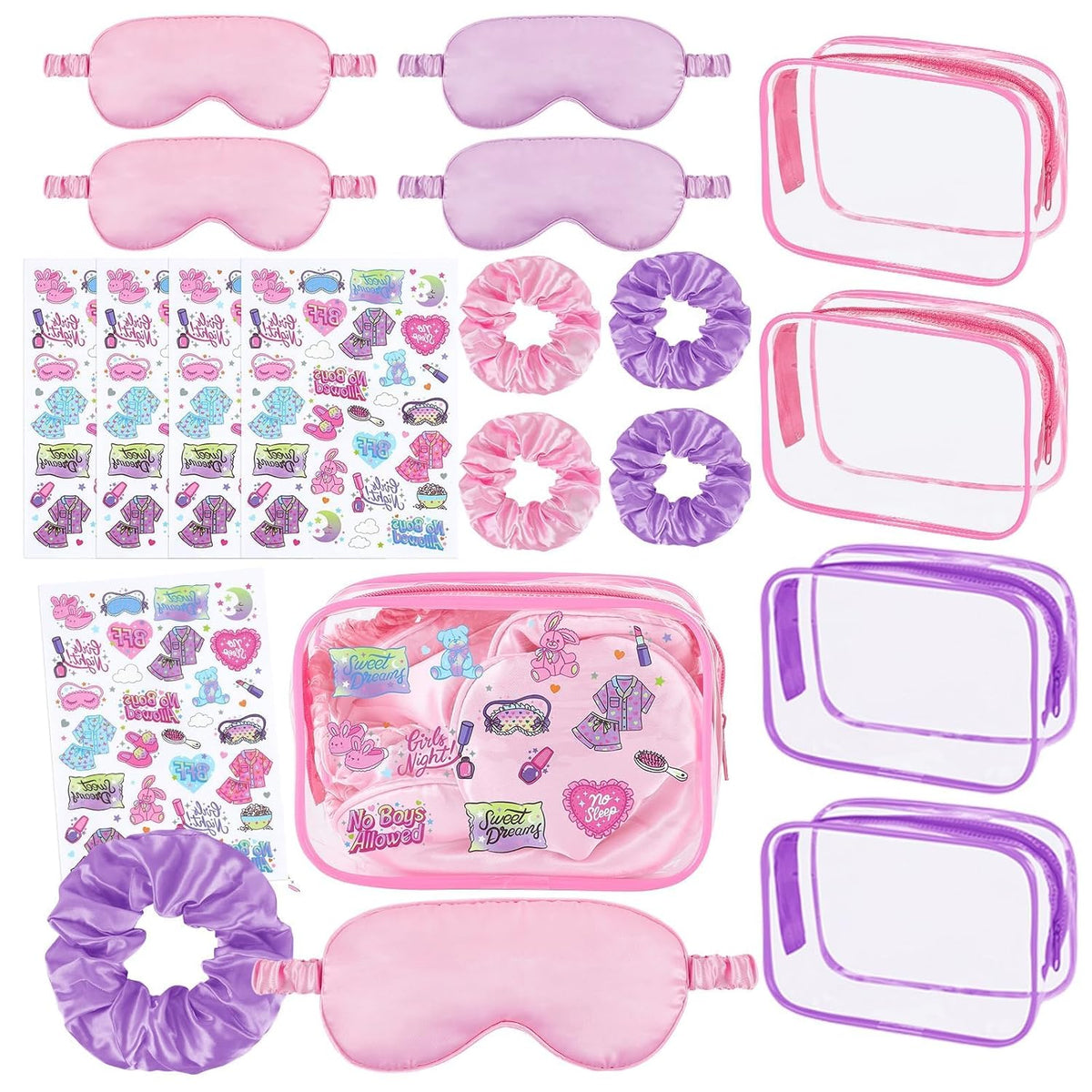16 Pcs Spa Sleepover Party Supplies for Girls Makeup Party Favor with 4 Eye Masks 4 Stickers 4 Hair Ropes 4 Clear Cosmetic Bags for Women Slumber Spa Essentials Favors Gift (Pink and Purple)