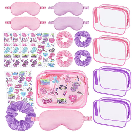 16 Pcs Spa Sleepover Party Supplies for Girls Makeup Party Favor with 4 Eye Masks 4 Stickers 4 Hair Ropes 4 Clear Cosmetic Bags for Women Slumber Spa Essentials Favors Gift (Pink and Purple)