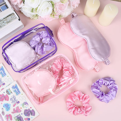 16 Pcs Spa Sleepover Party Supplies for Girls Makeup Party Favor with 4 Eye Masks 4 Stickers 4 Hair Ropes 4 Clear Cosmetic Bags for Women Slumber Spa Essentials Favors Gift (Pink and Purple)