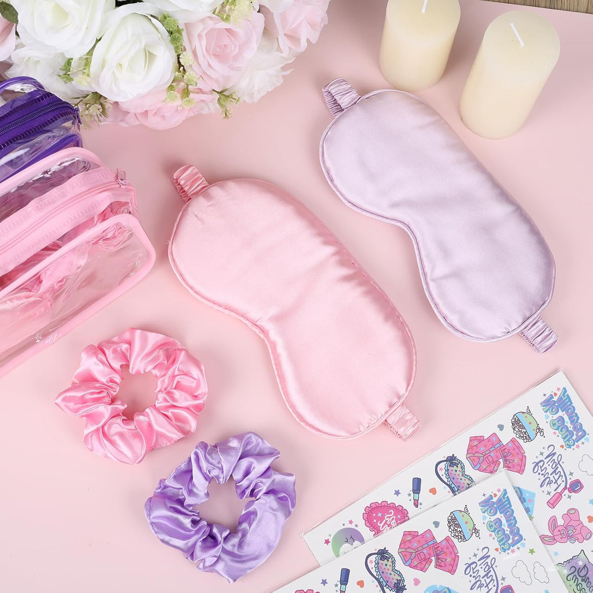 16 Pcs Spa Sleepover Party Supplies for Girls Makeup Party Favor with 4 Eye Masks 4 Stickers 4 Hair Ropes 4 Clear Cosmetic Bags for Women Slumber Spa Essentials Favors Gift (Pink and Purple)