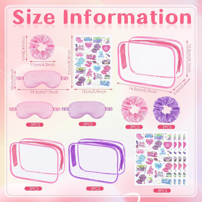 16 Pcs Spa Sleepover Party Supplies for Girls Makeup Party Favor with 4 Eye Masks 4 Stickers 4 Hair Ropes 4 Clear Cosmetic Bags for Women Slumber Spa Essentials Favors Gift (Pink and Purple)