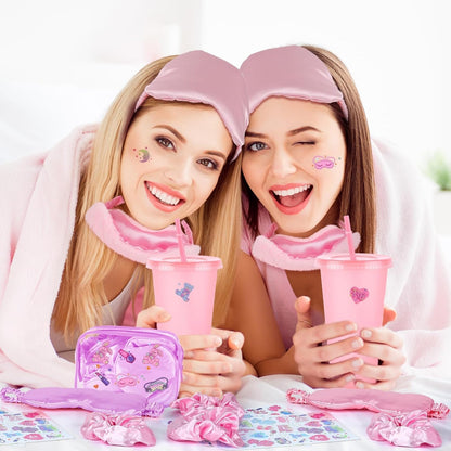 16 Pcs Spa Sleepover Party Supplies for Girls Makeup Party Favor with 4 Eye Masks 4 Stickers 4 Hair Ropes 4 Clear Cosmetic Bags for Women Slumber Spa Essentials Favors Gift (Pink and Purple)