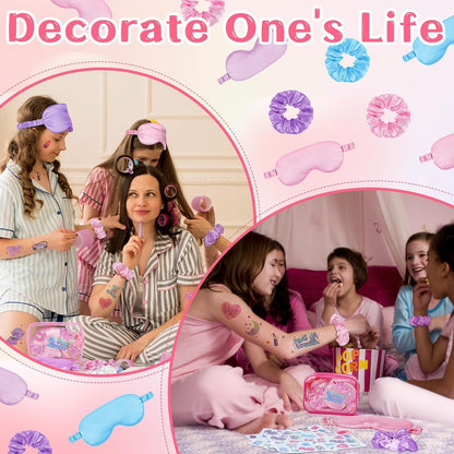 16 Pcs Spa Sleepover Party Supplies for Girls Makeup Party Favor with 4 Eye Masks 4 Stickers 4 Hair Ropes 4 Clear Cosmetic Bags for Women Slumber Spa Essentials Favors Gift (Pink and Purple)