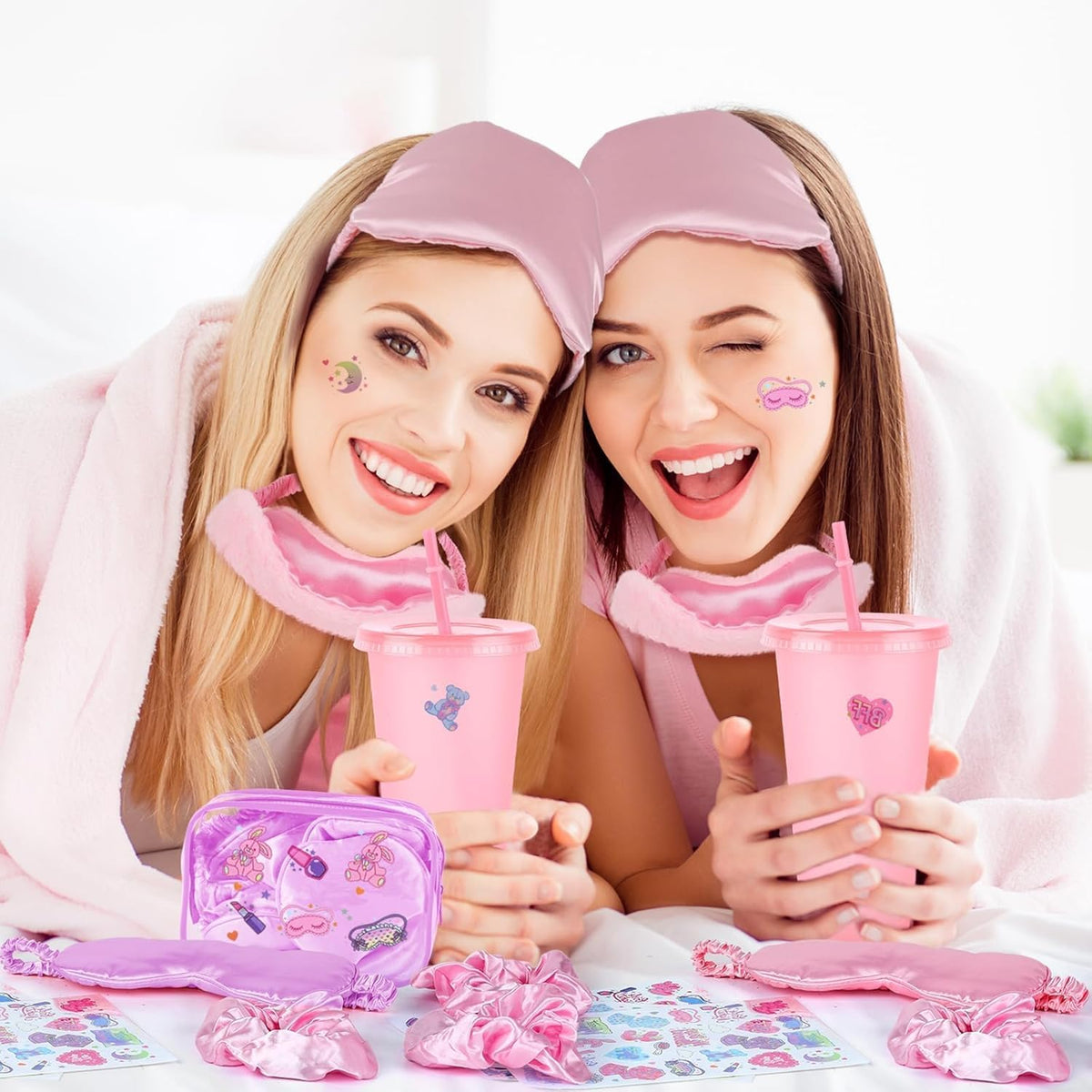 16 Pcs Spa Sleepover Party Supplies for Girls Makeup Party Favor with 4 Eye Masks 4 Stickers 4 Hair Ropes 4 Clear Cosmetic Bags for Women Slumber Spa Essentials Favors Gift (Pink and Purple)