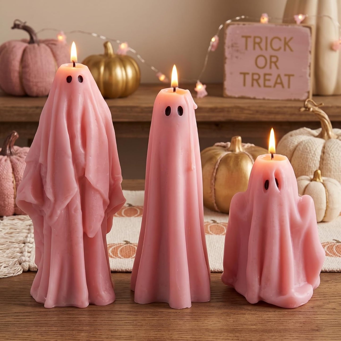 3 Pcs Pink Ghost Candles,Halloween Table Decoration Goth Gift
