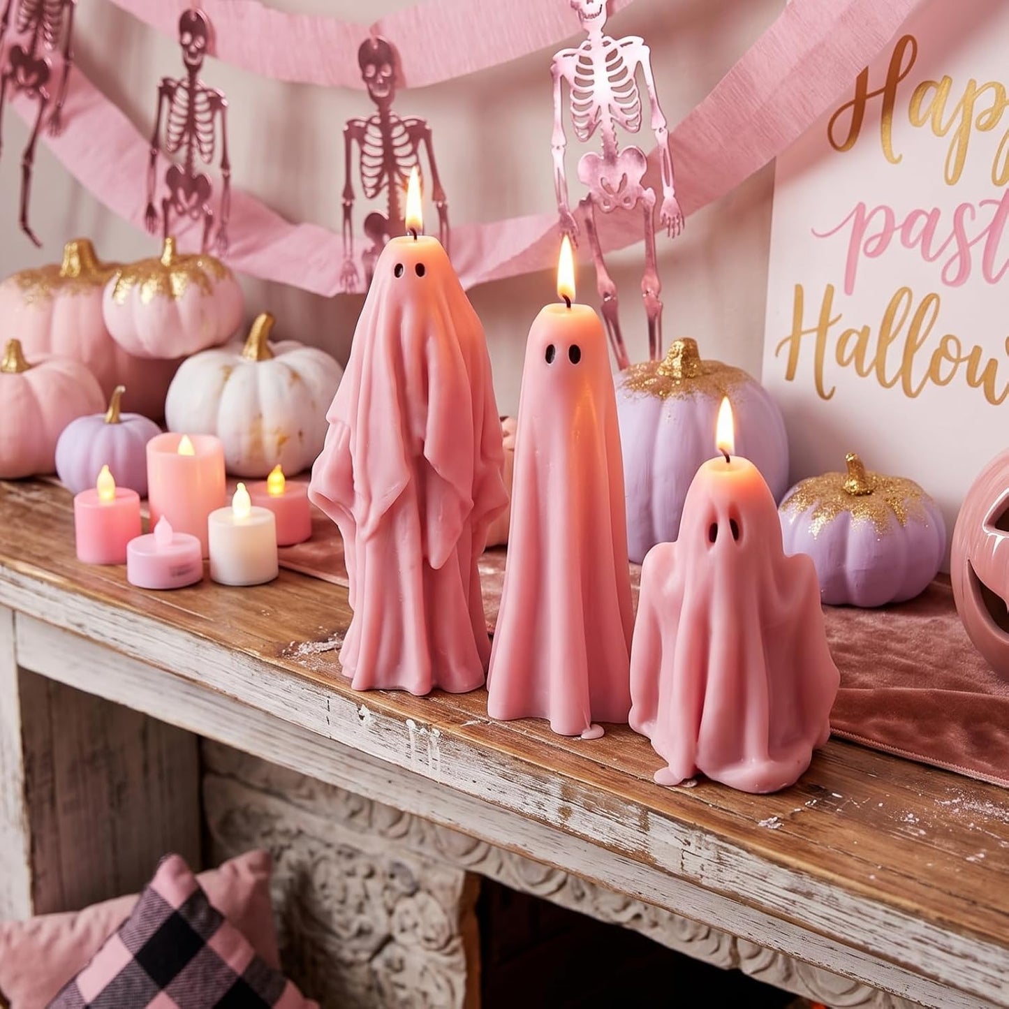 3 Pcs Pink Ghost Candles,Halloween Table Decoration Goth Gift