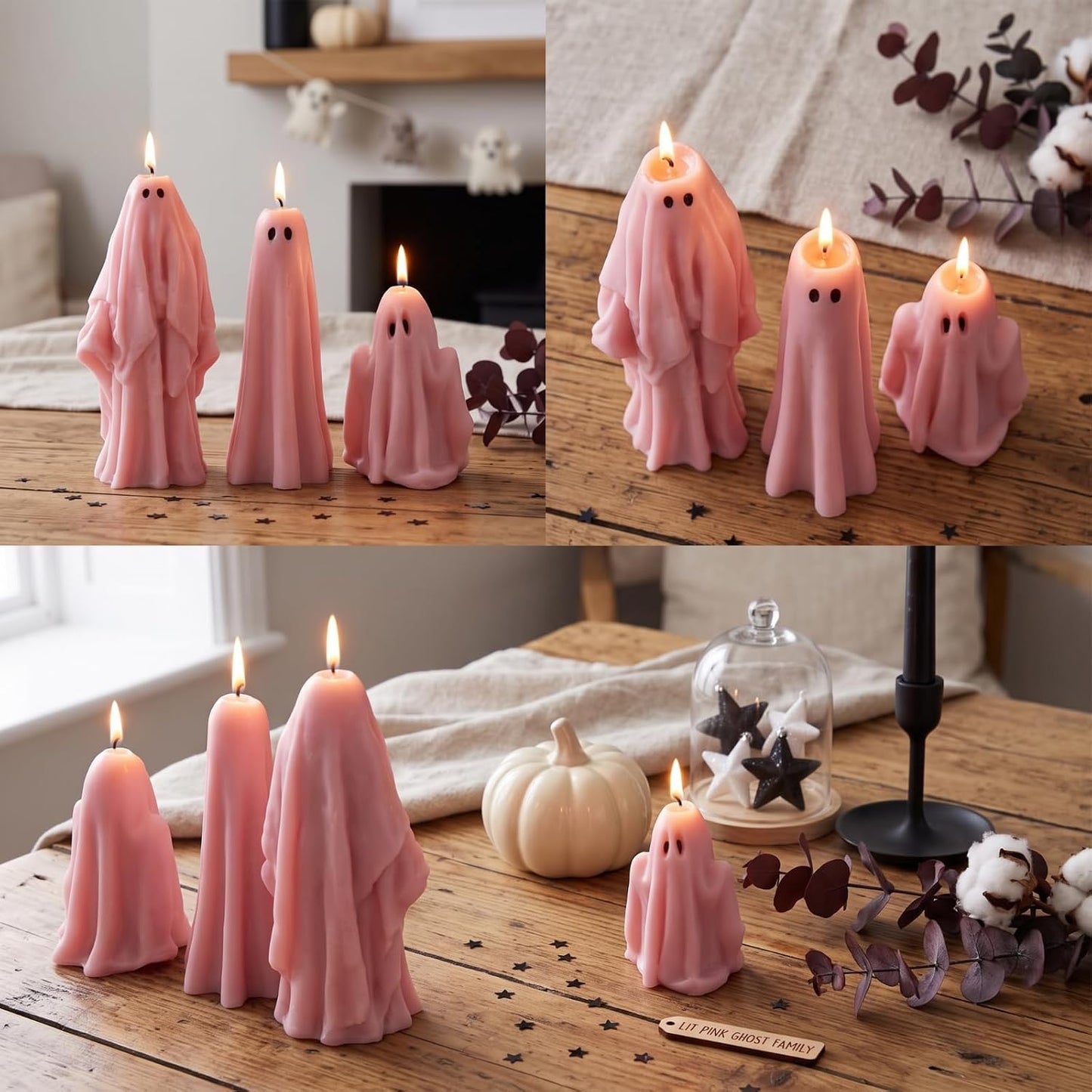 3 Pcs Pink Ghost Candles,Halloween Table Decoration Goth Gift
