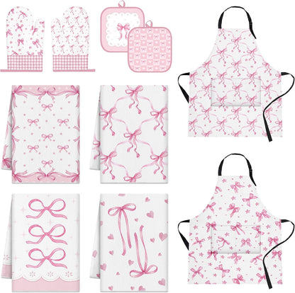 Sanwarm 10 Pcs Kitchen Sets Coquette Bow Pink with Apron, Dish Towels, Oven Mitts Pot Holders, Dishcloths Absorbent, Gloves Potholders for Chef Baking Cooking Home Decor Cuisine Housewarming Gifts