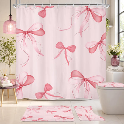 Pink Bow Shower Curtain Set 4Pcs Cute Girly Bathroom Set with Rugs
