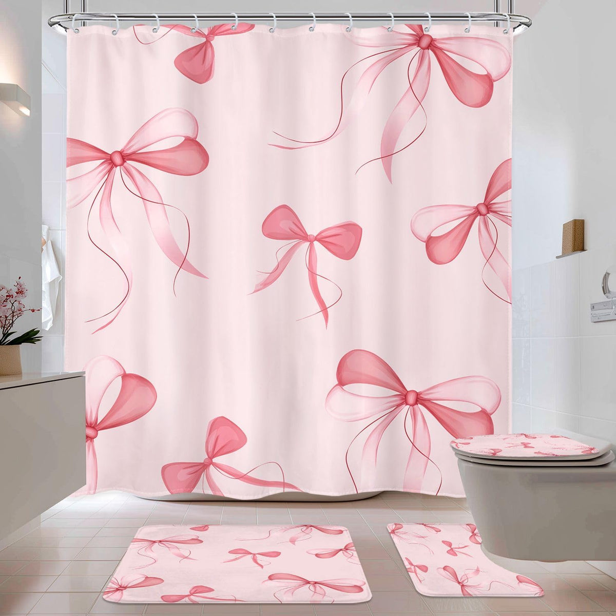 Pink Bow Shower Curtain Set 4Pcs Cute Girly Bathroom Set with Rugs