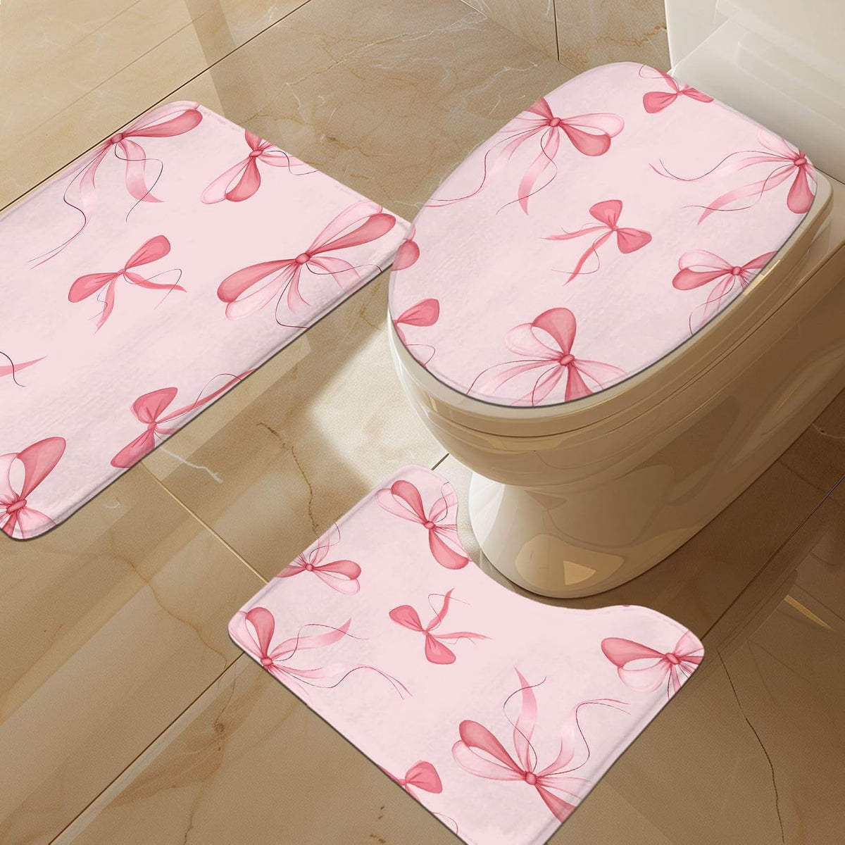 Pink Bow Shower Curtain Set 4Pcs Cute Girly Bathroom Set with Rugs