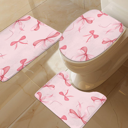 Pink Bow Shower Curtain Set 4Pcs Cute Girly Bathroom Set with Rugs