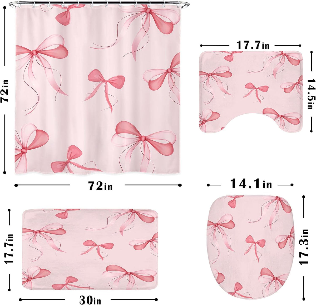 Pink Bow Shower Curtain Set 4Pcs Cute Girly Bathroom Set with Rugs