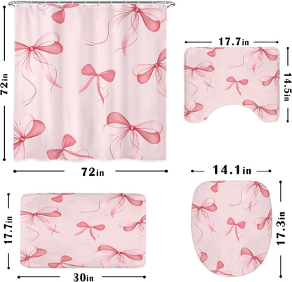 Pink Bow Shower Curtain Set 4Pcs Cute Girly Bathroom Set with Rugs