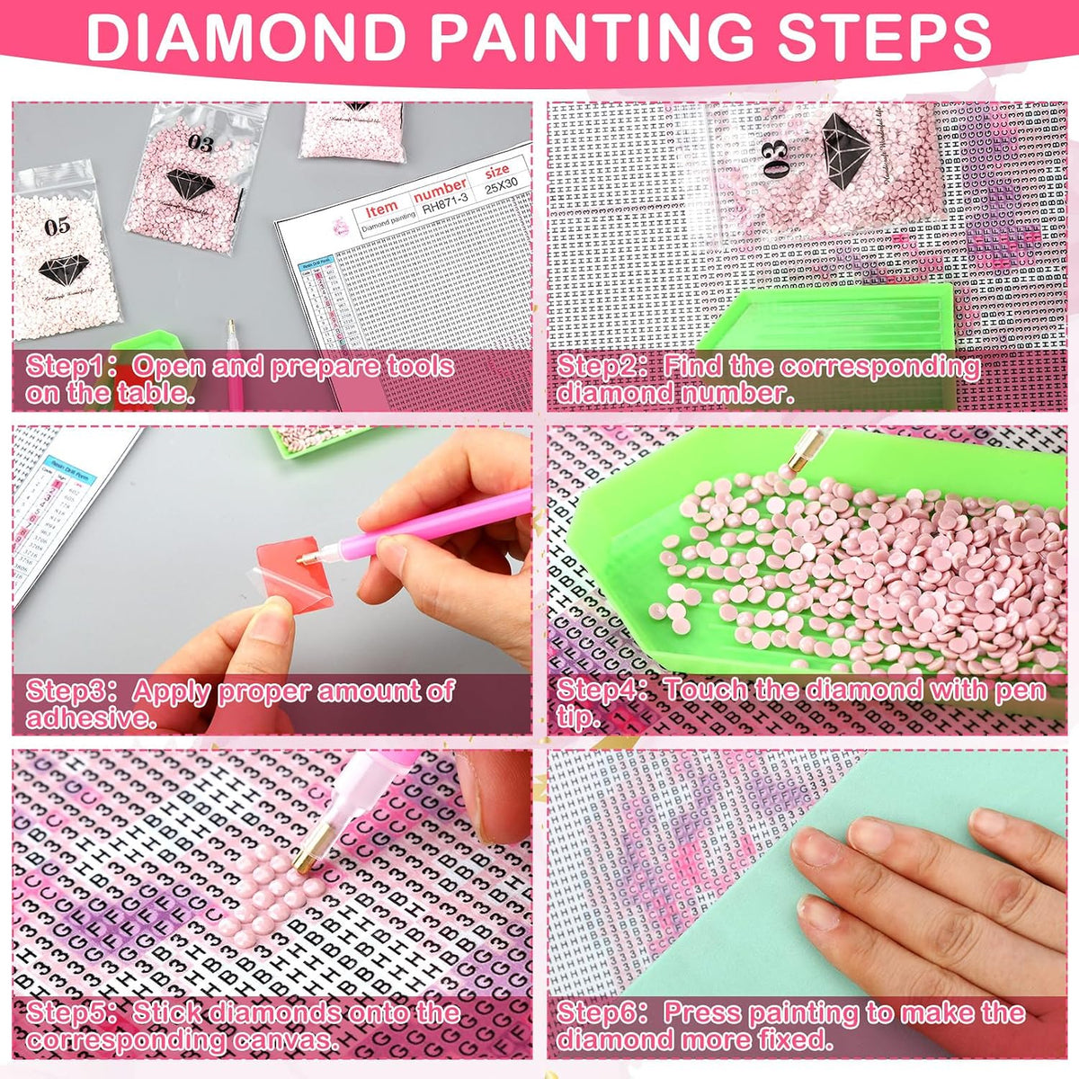 6 Pcs Pink Bow Diamond Art Kits for Adults, 10 x 11.8''