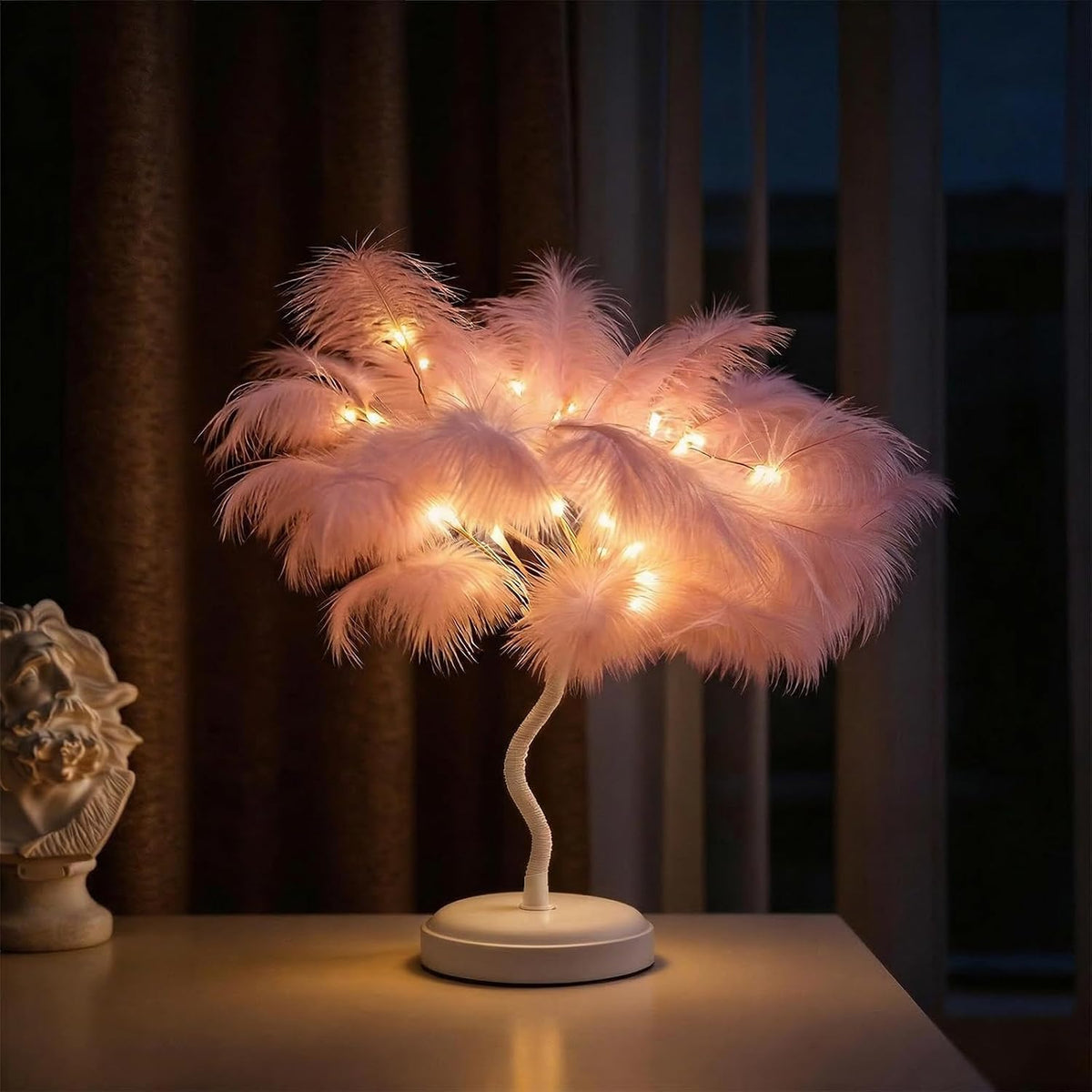 LED Feather Tree Lamp, 32 Pink/White Feathers Artificial Bonsai Night Light, USB/Battery Powered Table Lamp for Bedroom Living Room, Romantic Wedding Mothers Day Decor (Pink)