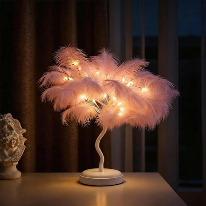LED Feather Tree Lamp, 32 Pink/White Feathers Artificial Bonsai Night Light, USB/Battery Powered Table Lamp for Bedroom Living Room, Romantic Wedding Mothers Day Decor (Pink)