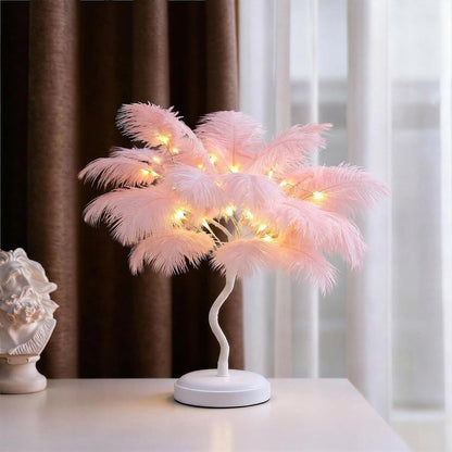 LED Feather Tree Lamp, 32 Pink/White Feathers Artificial Bonsai Night Light, USB/Battery Powered Table Lamp for Bedroom Living Room, Romantic Wedding Mothers Day Decor (Pink)