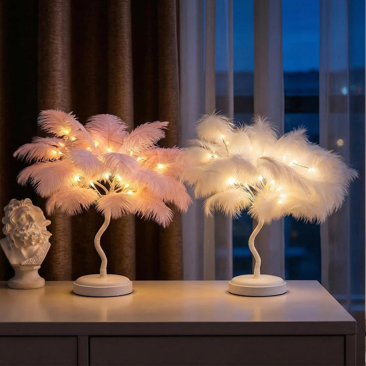 LED Feather Tree Lamp, 32 Pink/White Feathers Artificial Bonsai Night Light, USB/Battery Powered Table Lamp for Bedroom Living Room, Romantic Wedding Mothers Day Decor (Pink)